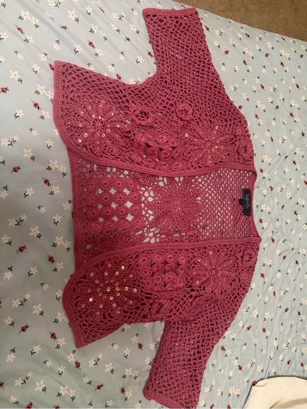 Dusty Rose Crochet Openwork Cardigan with Sequins - Picture 2 of 7